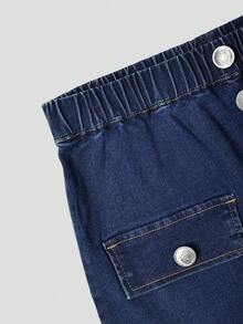 GlowEve Vintage Casual Retro Style Navy Blue Button Pocket Straight Leg High Waist Daily Wear Denim Skirt For Women Back-To-School Everyday School Summer - Blue - View 4