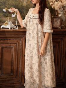 PalaceNights Vintage Floral Palace Style Embroidered Patchwork Square Neck 5-Sleeve Loose Long Women's Nightgown - Multicolor - View 4