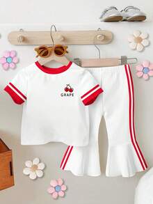 Conjunto casual y cómodo de 2 piezas para niñas, selección aleatoria 4 en 1: 4 estilos de estampado de dibujos animados con frutas, conejo, cereza, lazo/letra/cereza, top de cuello redondo y manga corta + pantalones largos acampanados ajustados de color púrpura, tela transpirable y amigable con la piel, adecuado para primavera/verano, uso diario, salidas, hogar, fiestas, versátil - Multicolor - Ver 4
