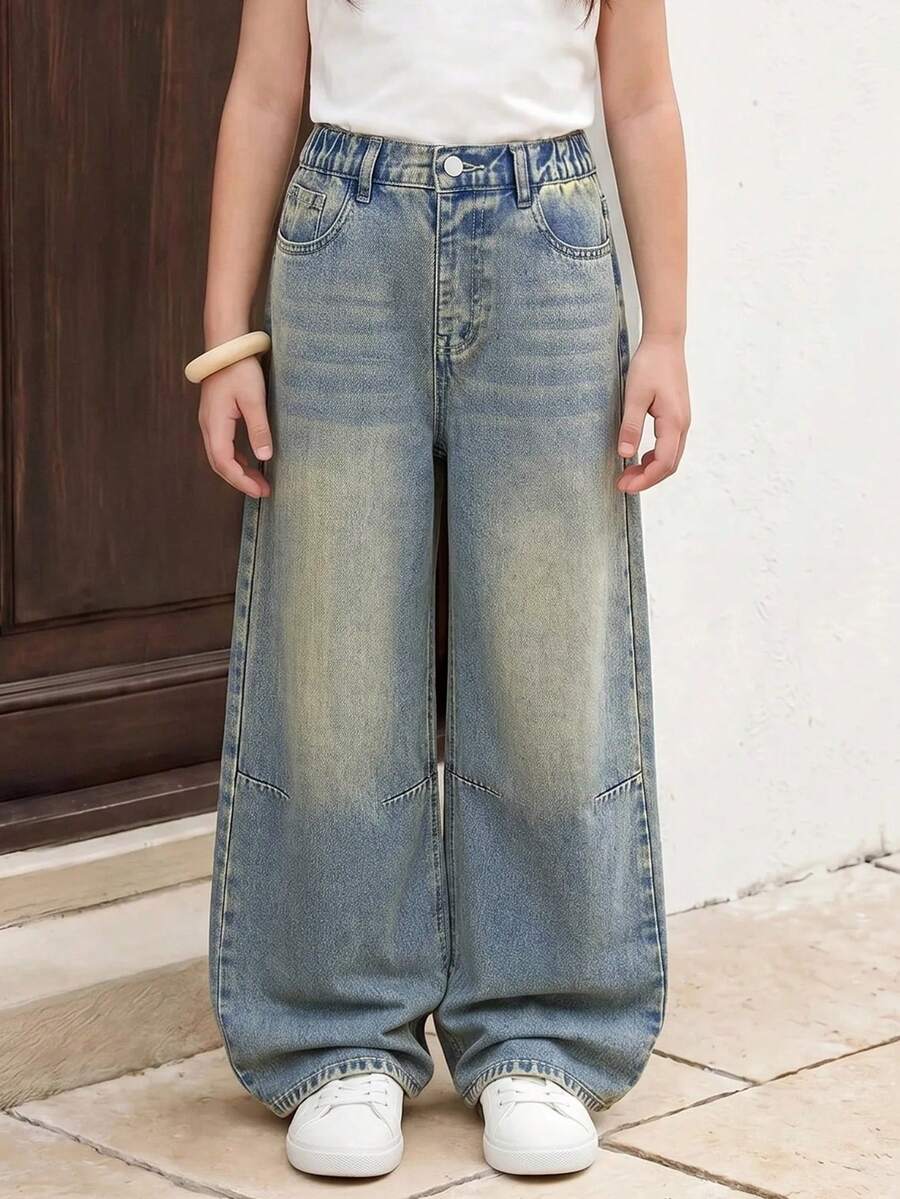 SHEIN Casuvi Kids 时尚黄色撞色缝线设计水洗蓝直筒宽松休闲阔腿牛仔裤,适合少女穿着,春、秋、冬三季休闲外出及户外穿着。 - 深色水洗藍 - 查看 1