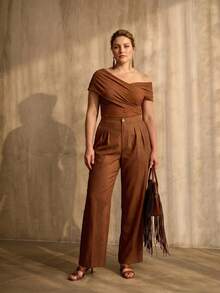 MOTF PREMIUM PLUS SIZE WOMEN SOLID CROSS WRAP OFF SHOULDER TEE - Brown - View 4