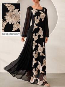 Graceveil Black Floral Embroidered Contrast Mesh Elegant Classy Fashionable Evening Dinner Ball Gown Long Dress For Women Autumn - Black - View 8