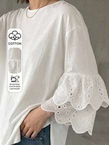 FRIFUL Women's Round Neck Hollow Embroidery Ruffle Cuff Loose T-Shirt - White - View 1