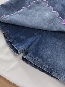 SHEIN Elladie kids 女童兩件式春夏套裝，圓領T恤搭配牛仔裙褲套裝，刺繡設計，簡約時尚短袖短褲套裝 - 紫色 - 查看 6