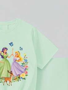 SHEIN 1套女童休閒時尚可愛甜美卡通公主圖案短袖T恤與印花內搭褲套裝，適合春/夏季外出、假期、上學、生日及其他場合 - 彩色 - 查看 5