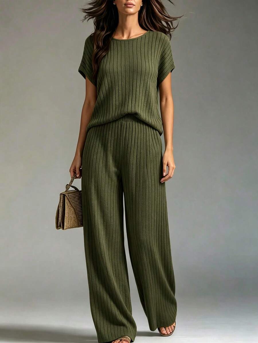EMERY ROSE Women's Solid Color Ribbed Batwing Sleeve Top And Straight Pants Casual Suit - Army Green - View 1