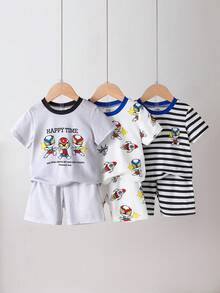 6piezas/Set Pijama de Verano para Bebé Niño de Punto Cuello Redondo Manga Corta & Pantalones Cortos Rayas Blancas y Grises Estampado de Dibujos Animados Lindo Estilo Casual Minimalista Cómodo Holgado Ropa de Casa Interior - Multicolor - Ver 3