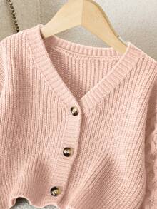 Genkimix Kids New Fashion Versatile Young Girl Commute Minimalist Small V-Neck Brown Cardigan - Pink - View 3