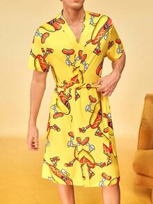 Notgurli Men's Hot Dog Print Waist Tie Casual Daily Home Sleepwear - Multicolor - View 5