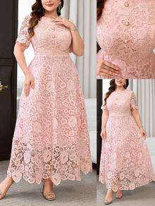 Reflora Plus Size Elegant Solid Color Lace Party Dress - Pink - View 2