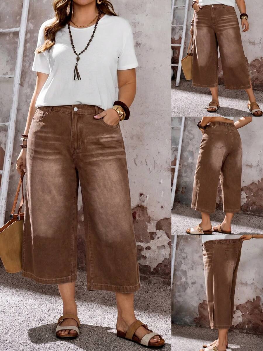 EMERY ROSE EMERY ROSE Plus Size Casual Washed Wide Leg Denim Jeans - Brown - View 1