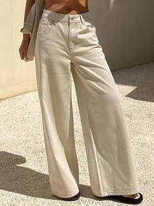 Livesso Tall Women's Solid Color Button Half-Placket Pocket Loose Straight Leg Vacation Style Jeans Summer - Beige - View 3