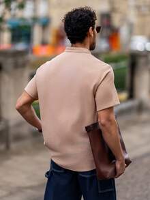YOUESAWY YOUESAWY Men's Woven Casual Solid Color Short Sleeve Shirt Beige Men Shirt Men Cream Shirt Nude Shirt For Men Men Shirts Linen Tan Men Shirt - Apricot - View 3