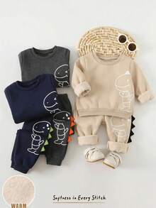 Cozy Pixies 兒童小男孩拼色圓領長袖套頭運動衫彈性腰長褲 6件套 軟萌可愛恐龍休閒套裝 - 彩色 - 查看 10