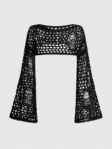 ROMWE Goth Black Fishnet Hollow-Out Flared Sleeve Knit Cover-Up, Distressed Design Off-The-Shoulder Short Top, Sexy Outerwear - Black - View 1