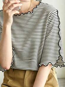 FRIFUL 女款條紋休閒百搭日常夏季T恤 - 杏色 - 查看 2