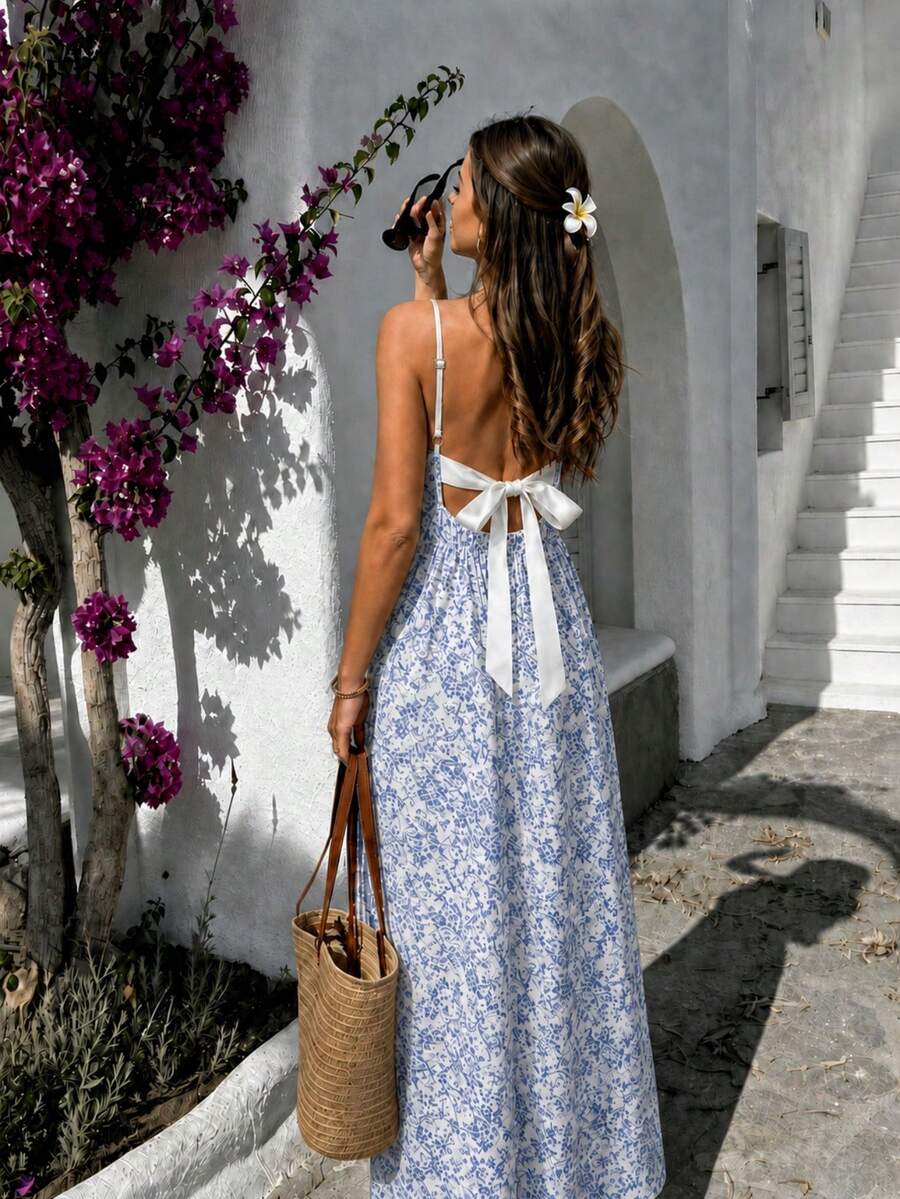 Cévolie Women's Spaghetti Strap Back Bow Ditsy Floral Dress