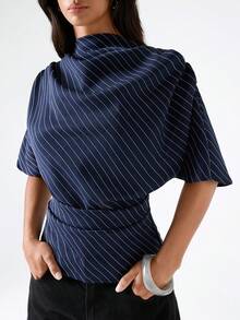 LYSMO 女款條紋立領蝙蝠袖短袖百褶時尚T恤 - 藏蓝色 - 查看 8