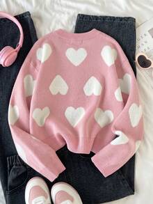 SHEIN Girls' Autumn/Winter Fashion Minimalist Casual Heart Pattern Jacquard Knit Sweater Long Sleeve Top - Baby Pink - View 2