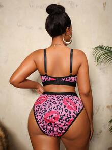 Bare Chapter Sexy Pink Leopard Print Red Lip Plus Size Lingerie Set, Hollow Design Hot Girl 2 Pieces Set - Multicolor - View 2