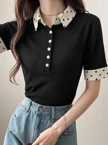FRIFUL 女款波點拼接休閒復古學院風百搭日常夏季可愛上衣 早午餐黑色波點 - 黑色 - 查看 5