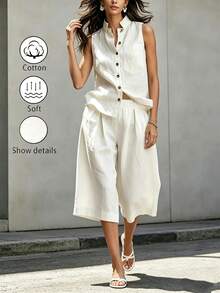 SHEIN Holidaya New Women's Summer Casual Vacation All Cotton White Top And White Pants 2-Piece Set, Summer, Autumn And Winter For Women, Women's White Casual Set, Women's Summer Vacation Outfit 2-Piece Set, Women's Elegant Comfortable 2-Piece Set, Women's Country Style Clothing 2-Piece Set, All Cotton White 2-Piece Set, Women's Beach Outfit 2-Piece Set, Women's Casual Top And Casual Pants 2-Piece Set, Suitable For Outings, Dates And Vacations - White - View 4