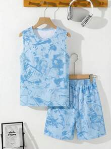 Kids Tween Boy Casual Comfortable Fashion Minimalist Round Neck Top & Shorts Set Matching Set Boys Outfit Sets Graphic Clothes Vacation Street Boho - White - View 2