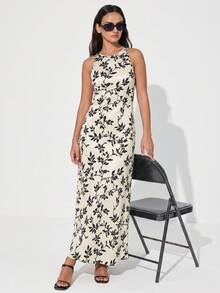 Aveloria Modichic Minimalist Elegant 3D Asymmetric Cut Black White Contrast Random Print Satin Faux Acetate Fabric A-Line Slimming Versatile Tank Style Round Neck Dress - Multicolor - View 5