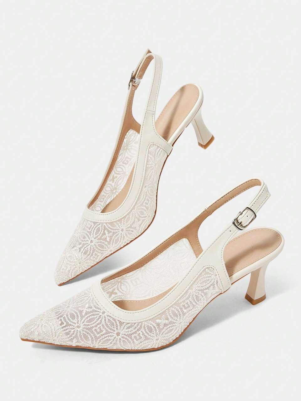 CUCCOO HITCHD Women Shoes Lace Material Hollow Back Bag Design Buckle Back Mixed With Pointed Apricot High-Heeled Shoes, Suitable For Parties And Daily Wear Shooting