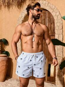 Manfinity KASUA Men's Vacation Striped Palm Tree Print Drawstring Waist Beach Shorts - Blue and White - View 4