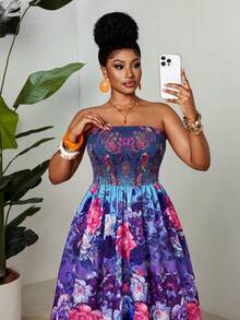 Maweii Vestido Maxi Elegante Vintage de Vacaciones con Estampado Floral Colorido, Plisado y Cruzado, sin Tirantes y sin Mangas, para Mujer Talla Grande, Primavera/Verano - Azul - Ver 5