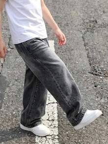 SHEIN Casuvi Kids Denimly 男童休闲日常都市街头风弹力腰拉链口袋做旧设计直筒牛仔裤 - 淺灰色 - 查看 4