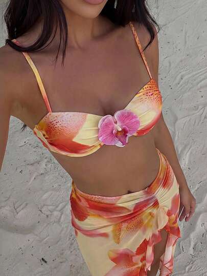 Swim Oasis Spring/Summer 3-Piece Set Digital Print Underwire Push-Up Removable Padded Thin Strap 3D Floral Decor Top, High-Cut Bikini Bottoms And Long Mesh Skirt Women's Beach Vacation Swimwear Elegant Style Separates High-End Swimsuit Set