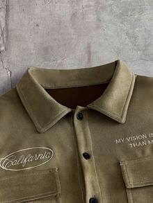 AXEPEAK 男士休閒短袖襯衫，字母刺繡，夏季 - 軍綠色 - 查看 4