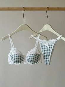 SHEIN MOD 2pcs/Set Fashionable Plaid & Lace Patchwork Lingerie Set For Girls - Multicolor - View 5