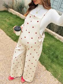 Boho Mama 孕婦愛心印花細肩帶連身褲 - 卡其色 - 查看 5