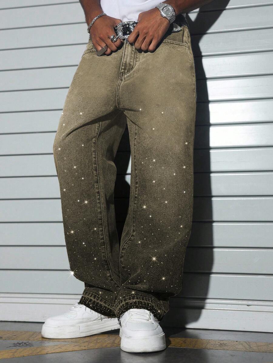 Manfinity EMRG Men's High Street American Streetwear Gradient Washed Wild Rhinestone Loose Wide Leg Pants - Coffee Brown - View 1