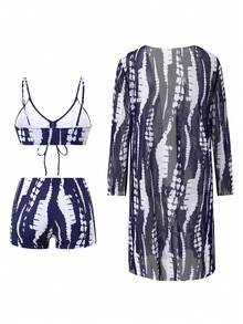 Swim Lushoire 女款夏季海灘花卉印花比基尼套裝附和服罩衫 - 藏蓝色 - 查看 4