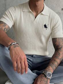 Manfinity Homme Men's Off-White Mature Style Short Sleeve Polo Sweater, Vertical Striped Knit With Embroidery - White - View 5