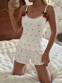 SHEIN Casual Underwear&Sleepwear 櫻桃印花細肩帶背心與短褲夏季睡衣套裝，適合嬌小女性的甜美居家服 - 白色 - 查看 6