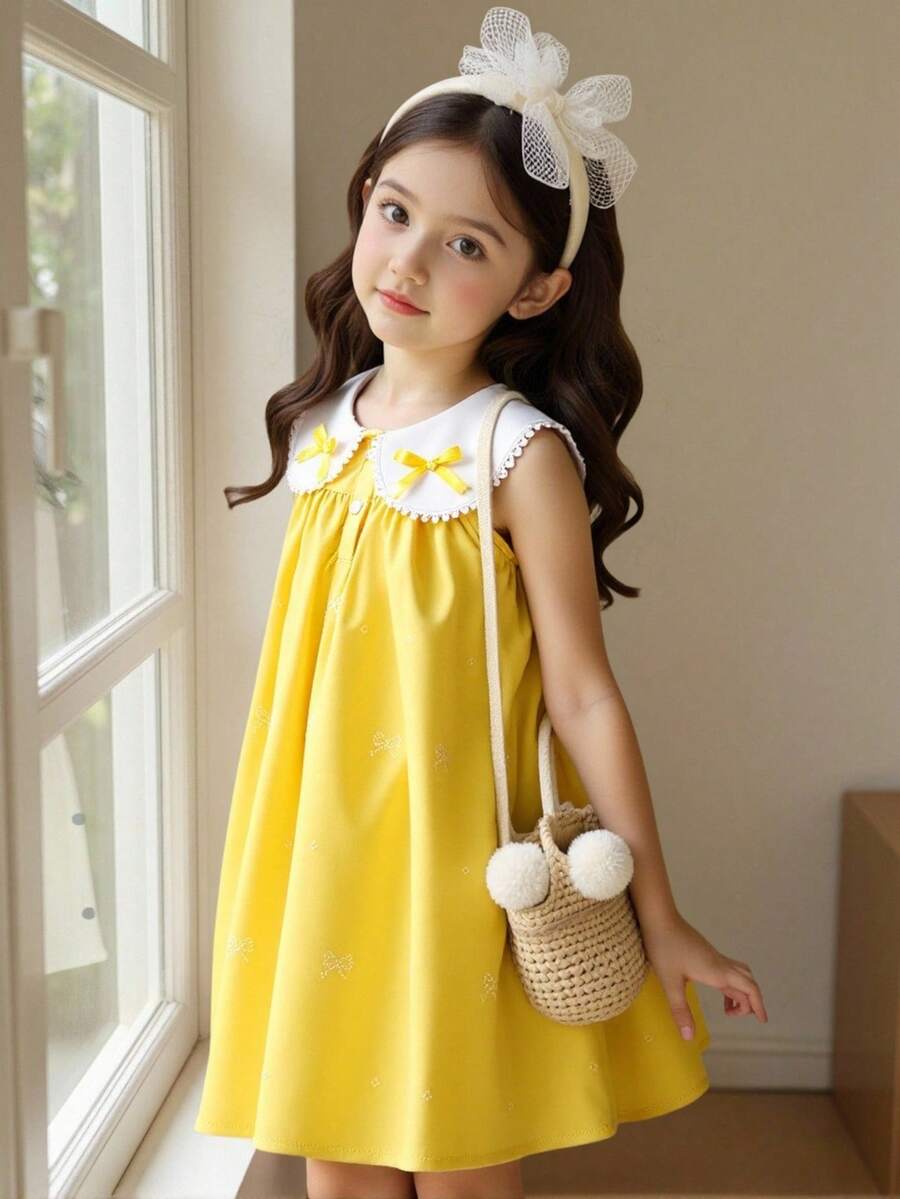 SHEIN Genkimix Kids 女童白色蝴蝶結印花翻領 3D 蝴蝶結裝飾設計休閒洋裝