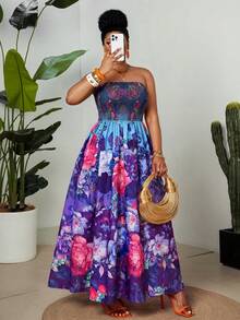 Maweii Vestido Maxi Elegante Vintage de Vacaciones con Estampado Floral Colorido, Plisado y Cruzado, sin Tirantes y sin Mangas, para Mujer Talla Grande, Primavera/Verano - Azul - Ver 6
