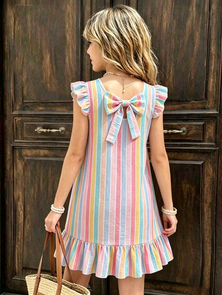 Casuvi Kids Tween Girls Spring/Summer Vacation Beach Tropical 3D Bow Round Neck Sleeveless Ruffle Flutter Sleeve Sweet Spring Style Mid-Length Dress - Multicolor - View 1