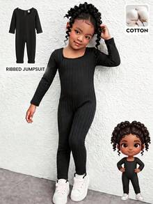 SHEIN Young Girl Knit Solid Color Square Neck Fitted Casual Jumpsuit - Black - View 4