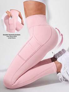 SHEIN Sports 女款純色高腰口袋內搭褲 - 粉色 - 查看 2