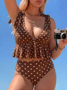 Swim Mod Plus Size 2026 Spring/Summer Digital Print 2 Pieces Detachable Padded Bikini Swimwear, Sexy Tropical Deep V-Neck Skirt-Style Bikini, Beach Brown - Multicolor - View 5