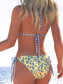 SHEIN Swim Women's Summer Blue And Yellow Polka Dot Print Hollow Triangle Cutout Tie-Side One-Piece Swimsuit Beach Party Sexy Tropical - Multicolor - View 2