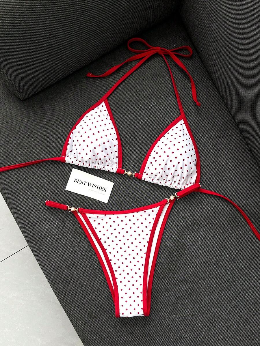 Swim Mod 新款女款兩件式比基尼泳衣套裝,夏季海灘百搭甜美系列,紅白色調,熱銷紅白波點印花,紅色對比滾邊設計,可調節三角比基尼上衣與泳褲套裝,飾有珍珠配件,甜美風格,適合夏季海灘度假穿著 - 紅白色 - 查看 1