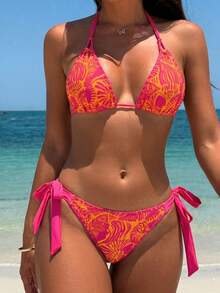 Bonvoyette 女款夏季海灘印花掛脖綁帶性感時尚比基尼兩件式泳衣套裝 - 玫紅色 - 查看 5