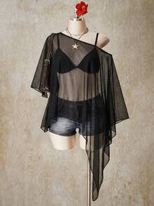 SHEIN ICON 黑色大尺碼女款網紗不對稱下擺不對稱肩鬆垮上衣 - 彩色 - 查看 4